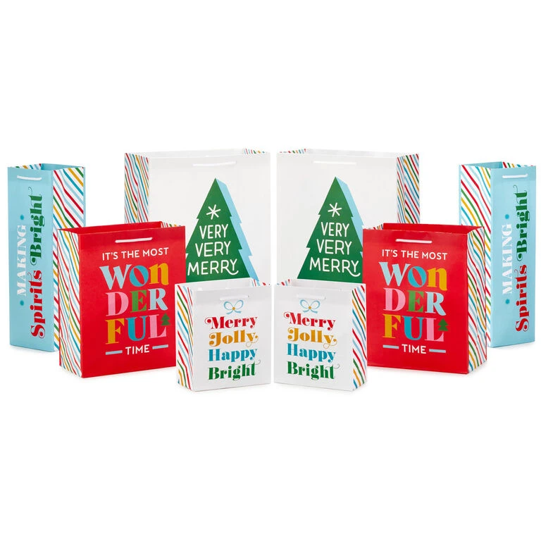 Hallmark Bright Wishes 8-Pack Christmas Gift Bags, Assorted Sizes And Designs
